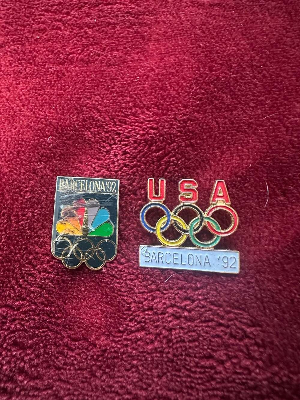 Vintage 1992 Barcelona Summer Olympics Pin Set featuring NBC Logo and USA Olympi